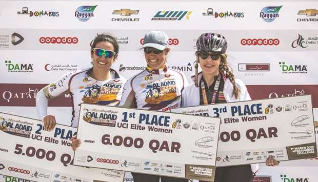 First-placed Finlandu2019s Pia Sundstedt (centre), second-placed Qataru2019s Tala Abujbara (left) and Lebanonu2019s Marwa El Hage pose on the podium of the UCI Womenu2019s Elite race.