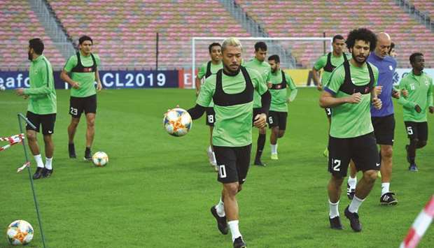 Al Rayyan star Rodrigo Tabata leads a training session in Jeddah yesterday. Al Rayyan will take on Saudi Arabiau2019s Al Ittihad in a Group D AFC Champions League match today.