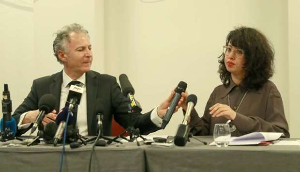 Lawyers of Carlos Ghosn's family, Franu00e7ois Zimeray (L) and Jessica Finelle give a press conference in Paris
