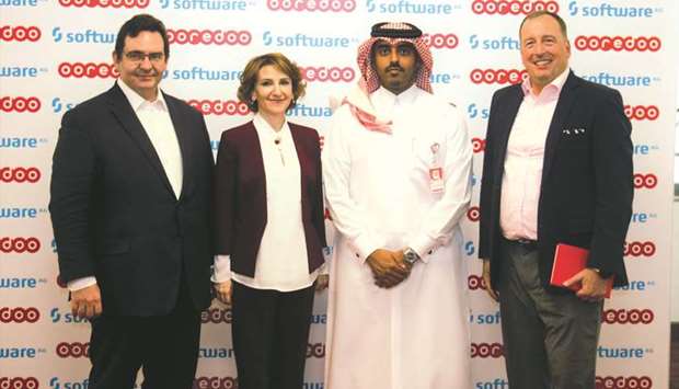 Milot, Ebru K?l?u00e7 Eker, country manager, Software AG Turkey and Qatar; Sheikh Nasser bin Hamad bin Nasser al-Thani, Ooredoo chief business officer; and Gunther Ottendorfer, Ooredoo chief technology and infrastructure officer; at the agreement signing.
