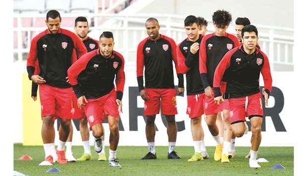 Al Duhail players during a training session in Doha yesterday. They will take on Iranu2019s Esteghlal in their opening Group C match today.