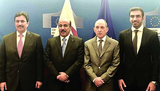 HE al-Sulaiti and HE al-Baker with al-Subaey and another official during the Comprehensive Air Transport Agreement (CATA) signed between European Union and Qatar signed in Brussels.