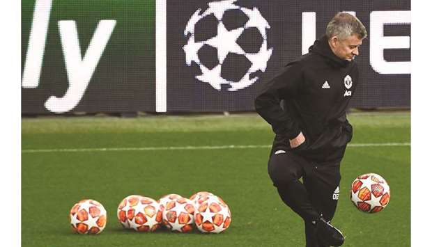 Manchester Unitedu2019s Norwegian caretaker manager Ole Gunnar Solskjaer attends a training session at the Parc des Princes stadium in Paris yesterday. (AFP)