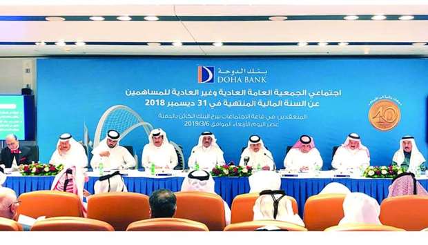 The Doha Bank board addressing the shareholders at the AGM