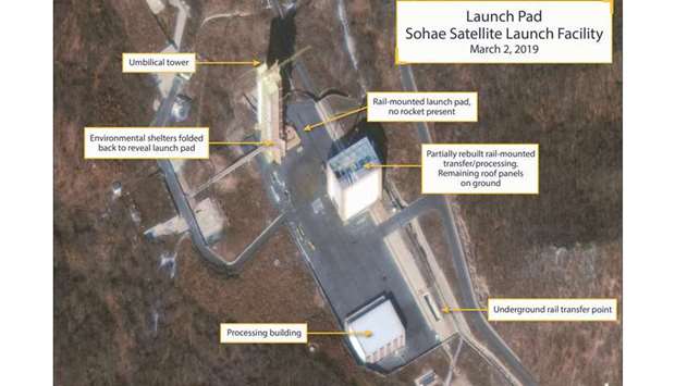 The Sohae Satellite Launching Station launch pad features what researchers of Beyond Parallel, a CSIS project, describe as showing the partially rebuilt rail-mounted rocket transfer structure in a commercial satellite image taken over Tongchang-ri, North Korea on March 2, 2019 and released on March 5, 2019.