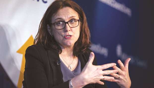 EU trade commissioner Cecilia Malmstrom speaks during an event in Washington, DC, on January 10. u201cThere is a lack of trust at this moment and that is why weu2019re proposing instead of increasing tensions between us, instead of having these tariffs, instead of saying that Europe is a security threat to the American economy, OK letu2019s rebuild that trust,u201d Malmstrom said at an event at Georgetown Law School in Washington yesterday.