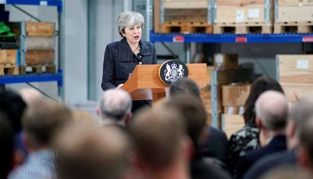 British Prime Minister Theresa May delivers a speech during her visit in Grimsby