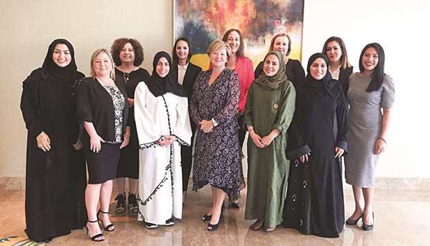 Qatar Olympic Committeeu2019s (QOC) Sheikha Asma al-Thani (foreground, second from right) and ICSS Group Chief Operating Officer Karen Webb Moss (foreground, third from right) were among those present at the roll out of the Women in Sport Qatar (WISQ) initiative.