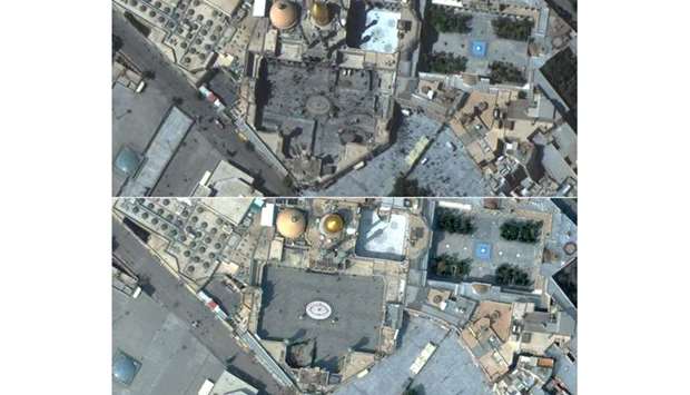 This combination of pictures created on March 5, 2020 using handout satellite images released on March 5, 2020 by Maxar Technologies shows people in the courtyard of Hazrat Masumeh Shrine in Qom, Iran on September 25, 2019 (top) and a nearly empty courtyard on March 1, 2020, during the coronavirus outbreak.