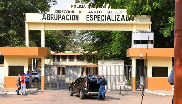Picture of the entrance of the National Police headquarters in Asuncion, where Brazilian retired football player Ronaldinho and his brother Roberto Assis are being held after being arrested for their irregular entry to the country