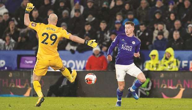 Leicester Cityu2019s Harvey Barnes (right) scores past Aston Villau2019s goalkeeper Pepe Reina during the Premier League match on Monday night. (Reuters)