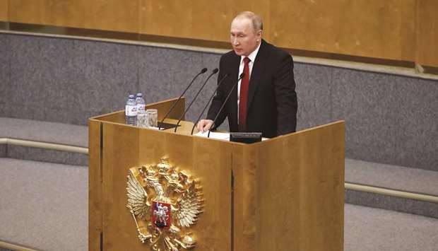 Russiau2019s President Vladimir Putin address the lower house of parliament in Moscow yesterday.