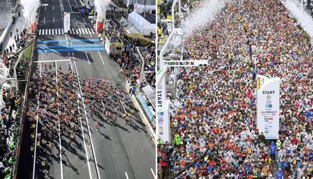 Combination photos show runners fill the street at the start of the Tokyo Marathon 2019 in Tokyo, Japan in this March 3, 2019 (right) and runners start at the Tokyo Marathon 2020 in Tokyo, Japan March 1, 2020, in this combination photo released by Kyodo. Kyodo/via REUTERS