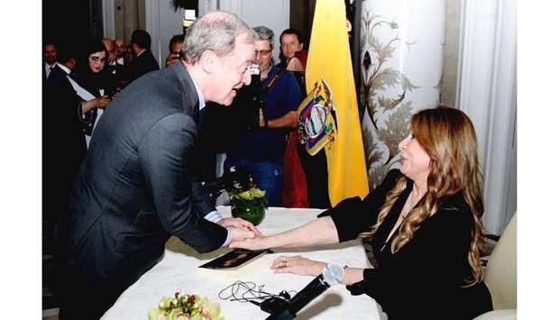 GREETING: Ivonne A-Baki, the outgoing ambassador of Ecuador, greeting Franck Gellet, Ambassador of France.    Photos by Jayan Orma