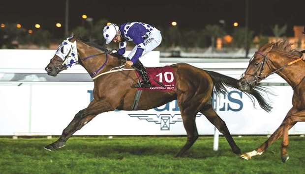 Faleh Bughanaim rides Osama Omer al-Dafeau2019s Taxiwala to Ain Khaled Cup victory at Qatar Racing and Equestrian Clubu2019s Al Rayyan Park yesterday. PICTURE: Juhaim