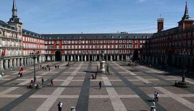 General view of the famous landmark Plaza Mayor square with unusually few people visiting due to the coronavirus outbreak in central Madrid, Spain