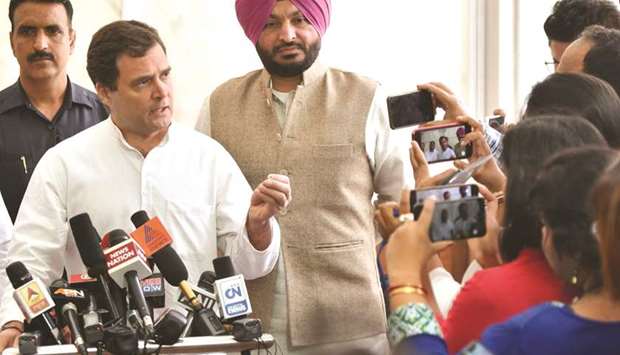 Congress MP Rahul Gandhi speaks to reporters in New Delhi yesterday.