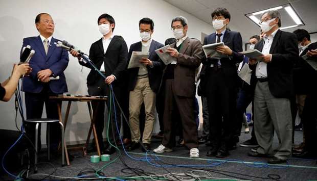 Toshiro Muto, Tokyo 2020 Organizing Committee CEO, addresses the Olympic torch relay during a news conference, as the spread of the coronavirus disease (COVID-19) continues, in Tokyo