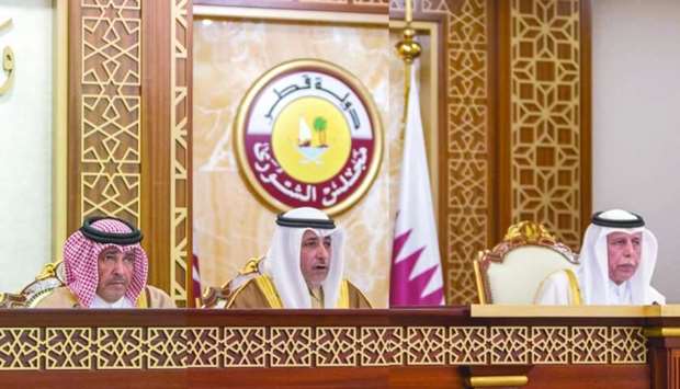 HE the Speaker of the Shura Council, Ahmed bin Abdullah bin Zaid al-Mahmoud, chairing session.