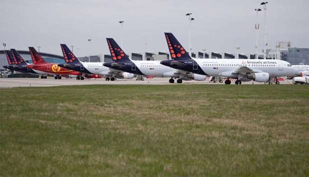 Brussels Airlines planes stand on the tarmac at Brussels Airport, after the suspension of more than 2/3 of their flights