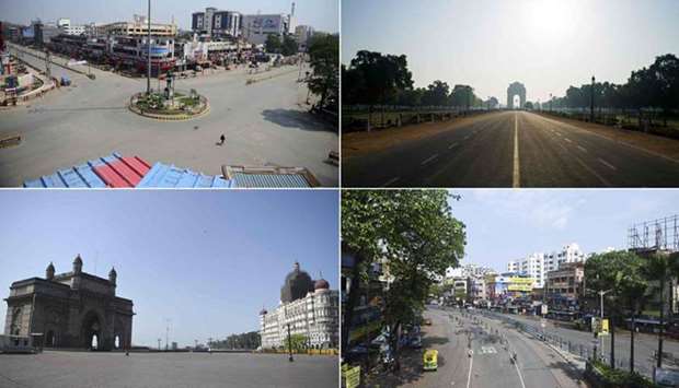 This combination of pictures taken yesterday shows deserted (clockwise) Subhash Chowk in Allahabad, Rajpath leading to India Gate in New Delhi, a road in Kolkata and Gateway of India and Taj Mahal Palace hotel in Mumbai during a one-day nationwide u2018Janata  curfewu2019 imposed as a preventive measure against the coronavirus.