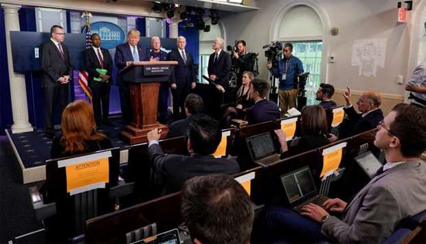 US President Donald Trump speaks during a news briefing on the administration's response to the coronavirus disease (COVID-19) outbreak at the White House in Washington