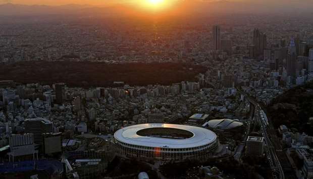 An aerial view shows the National Stadium in Tokyo, the main venue for the Tokyo Olympics and Paralympics. (Kyodo via Reuters)