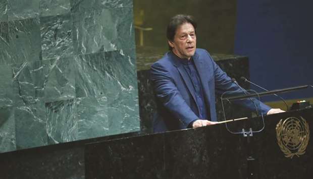 Imran Khan, Pakistanu2019s prime minister, speaks during the UN General Assembly meeting in New York.