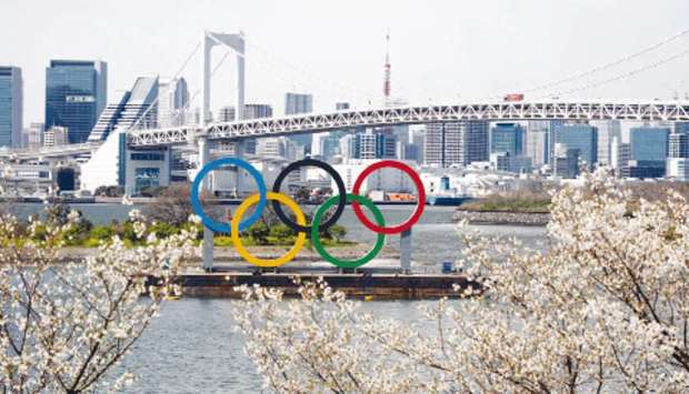 This March 24, 2020, picture, shows an Olympic rings monument at Rainbow Bridge, Odaiba, Tokyo. (USA TODAY Sports)