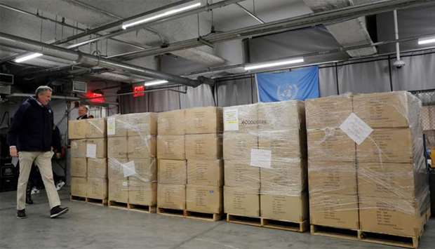 New York City Mayor Bill de Blasio arrives to accept 250,000 face masks donated to health workers of New York City by the United Nations to help with the outbreak of the coronavirus disease (COVID-19) at the United Nations Headquarters in New York City