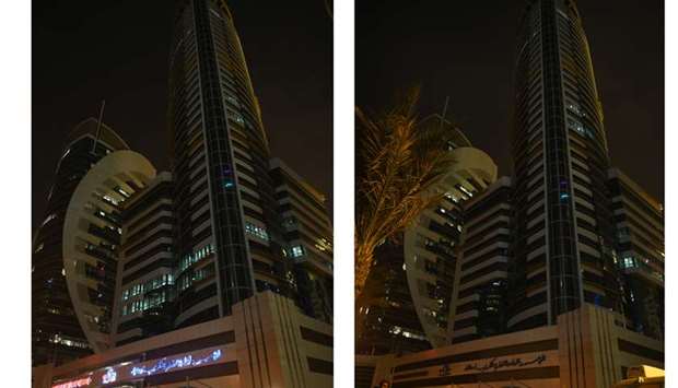 Kahramaa buildings and premises before and after the lights were switched off. PICTURES: Shemeer Rasheed