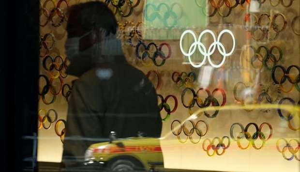 The Olympic rings are displayed at an entrance of the Japan Olympic Museum in Tokyo.