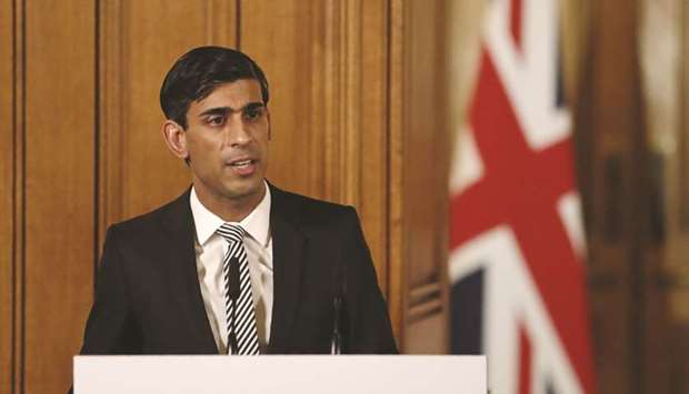 Rishi Sunak, UK chancellor of the exchequer, speaks during a daily coronavirus briefing inside number 10 Downing Street in London.
