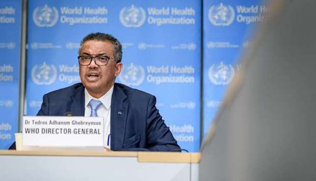 World Health Organization (WHO) Director-General Tedros Adhanom Ghebreyesus speaks during the daily press briefing on the new coronavirus dubbed COVID-19, at the WHO headquaters in Geneva