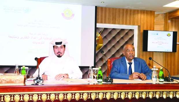 HE the Assistant Director of the Human Rights Department at the Ministry of Foreign Affairs Sheikh Mohamed bin Youssef al-Thani and Director of the UN Human Rights Training and Documentation Centre for South-West Asia and the Arab Region Dr Abdel Salam Sidahmed at the workshop.