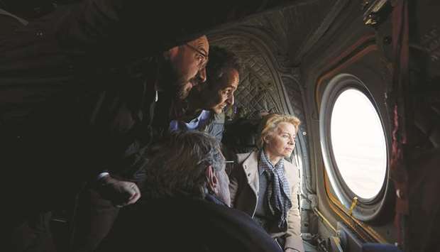 Greek Prime Minister Mitsotakis, European Commission President von der Leyen, European Council President Michel and European Parliament President David-Maria Sassoli fly over the Greek-Turkish border, in the region of Evros, Greece.