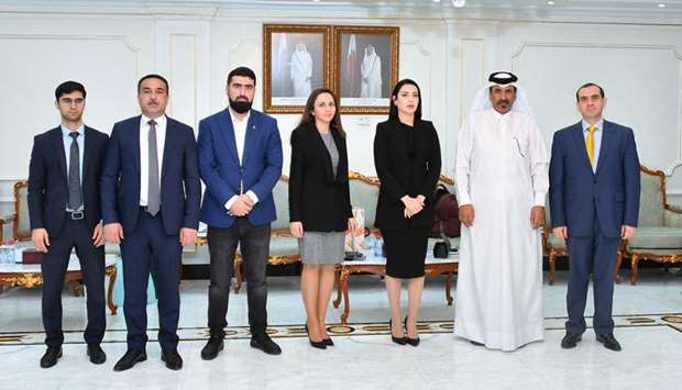 Qatar Chamber first vice chairman Mohamed bin Towar al-Kuwari and members of the Azeri delegation led by Leyla Mammadova, the head of the Azeri delegation and chairperson of the u2018Agro Procurement and Supplyu2019 OJSC under Azerbaijanu2019s Ministry of Agriculture, after meeting at the chamberu2019s headquarters in Doha yesterday.