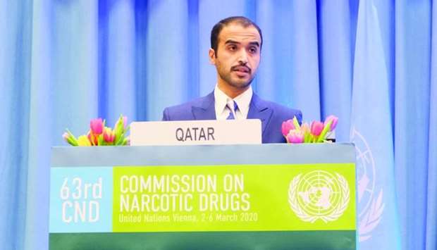Abdullah bin Nasser al-Fuhaid, the Charge d'Affaires of the embassy of Qatar and its Permanent Mission to the United Nations and International Organisations in Vienna, addressing the 63rd session of the United Nations Commission on Narcotic Drugs in Vienna.