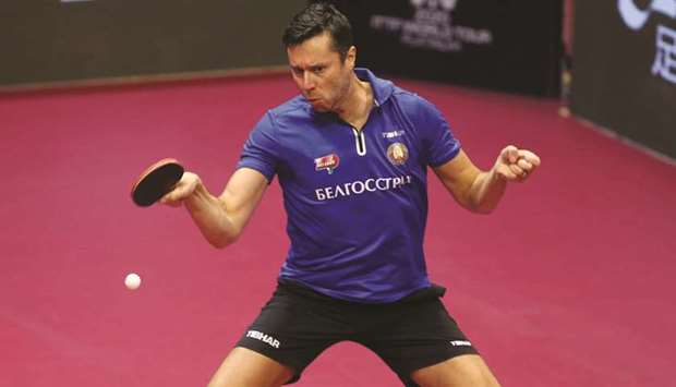 Belarussian veteran Vladimir Samsonov in action during the Qatar Open table tennis  tournament at the Aspire Dome yesterday.