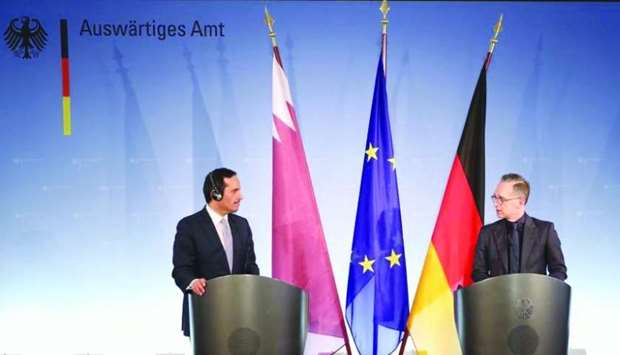 HE the Deputy Prime Minister and Minister of Foreign Affairs Sheikh Mohamed bin Abdulrahman al-Thani and the German Minister of Foreign Affairs Heiko Maas, at a joint press conference in Berlin on Thursday.