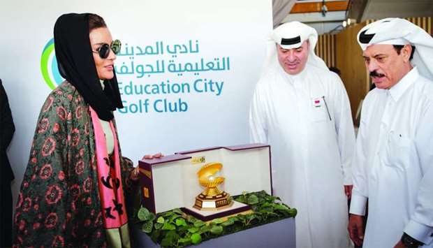 QF chairperson Her Highness Sheikha Moza bint Nasser, Commercial Bank managing director Omar Hussain Alfardan, and Board of Directors member Abdul Rahman bin Hamad al-Attiyah at the official opening of the Education City Golf Club
