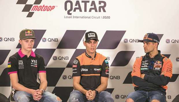 From left: Moto3 rider Filip Salac (Rivacold Snipers Team), Moto2u2019s Jorge Navarro (Beta Tools Speed Up) and Jorge Martin (Red Bull KTM Ajo) attend a press conference ahead of the QNB Grand Prix of Qatar at the Losail International Circuit yesterday.