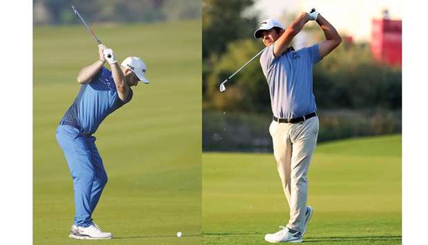 Andy Sullivan (left) of England and Jorge Campillo (right) of Spain are in action during the second round of the Commercial Bank Qatar Masters at Education City Golf Club in Doha yesterday. PICTURES: Jayaram and Twitter/AndySulliGolf