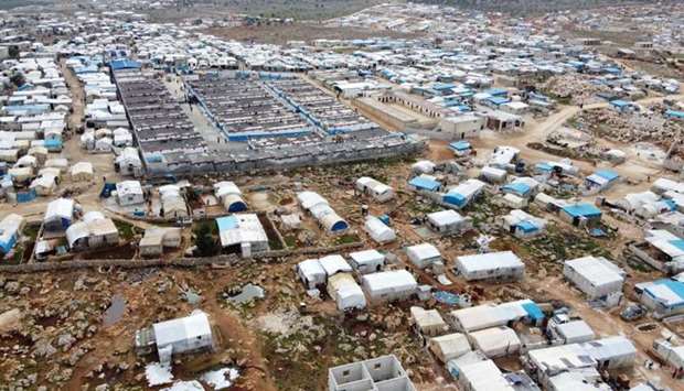 An aerial view taken on March 5 shows a camp for diplaced Syrians in Deir Hassan village, in Idlib's northern countryside near the Turkish border