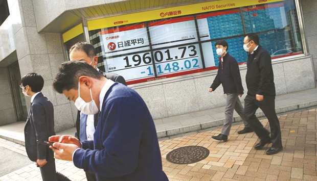 People wearing protective face masks are seen near an electronic display showing the Nikkei index outside a brokerage in Tokyo. The Nikkei 225 closed down 5.1% to 19,698.76 points yesterday.