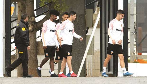 From left: Valenciau2019s Thierry Correia, Francis Coquelin, Gongalo Guedes and Ferran Torres arrive for a training session at the Paterna Sports City in Paterna, Italy yesterday. (AFP)