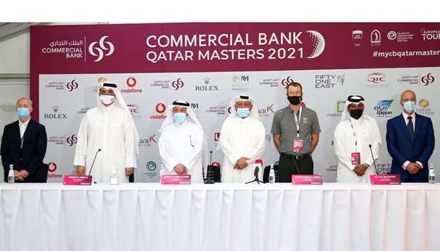 European Tour tournament director Mikael Ericsson (left), Commercial Banku2019s EGM, Chief Marketing Off  icer, Hussein al-Abdulla (second from left), QGA President Hassan al-Naimi (third from left), General Secretary Fahad al-Naimi (centre) and ECGC General Manager Michael Braidwood (third from right) during a press conference yesterday. 