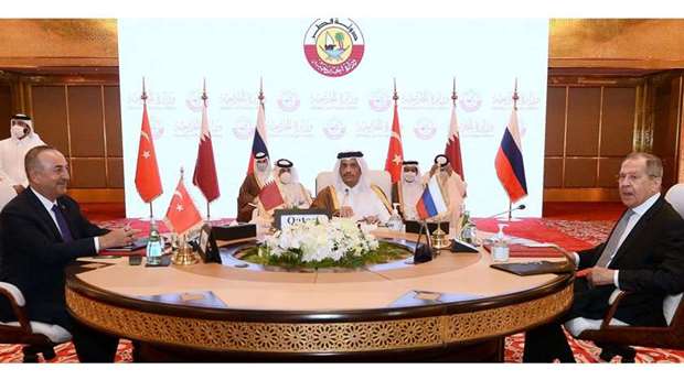 The Ministers of Foreign Affairs of Qatar, Turkey, and Russia meeting in Doha. PICTURE: Shaji Kayamkulam