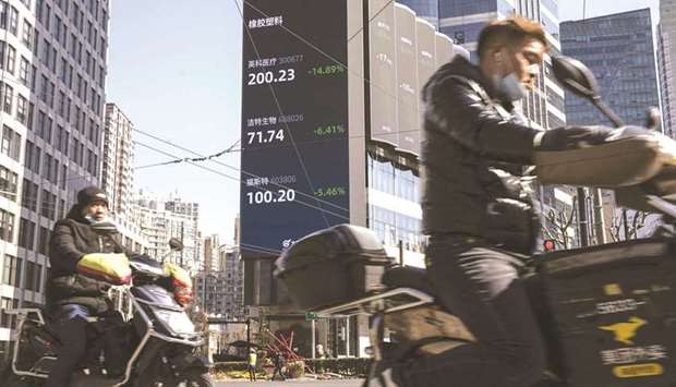 Motorists travel past a screen displaying stock figures in Shanghai. The Composite closed 1.7% up at 3,412.61 points yesterday.