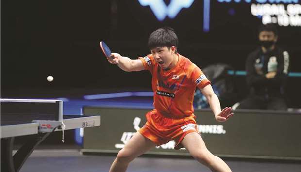 Top seed Tomokazu Harimoto of Japan in action during his win in the semifinals of the World Table Tennis Star Contender event at the Lusail Sports Arena on Thursday.